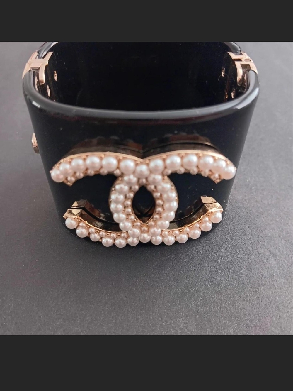 Pearl Accent Black Cuff Bracelet with Gold-Tone Logo